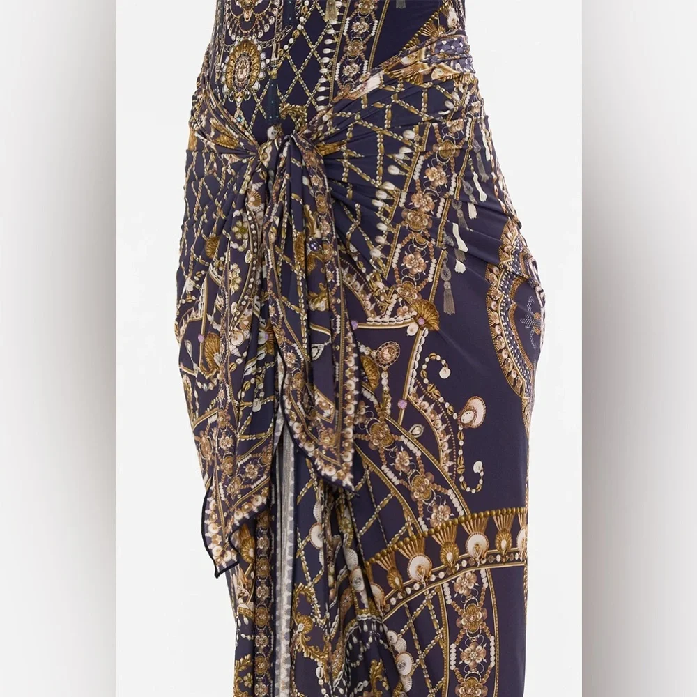 Camilla Dance With the Duke navy boho baroque long sarong swim coverup skirt OS